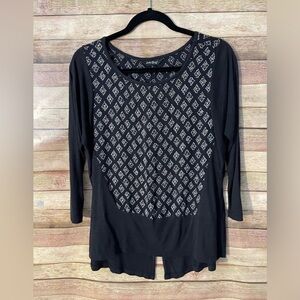 Lucky Brand Women's Shirt High Low Print 3/4 Sleeve Tunic Back Slit Top Small